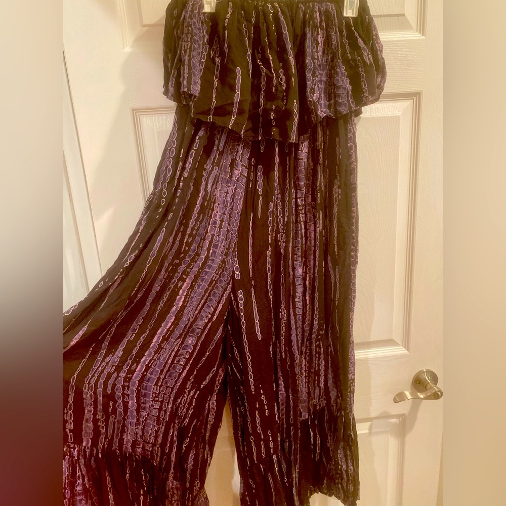 Super comfy Tube top jumper flowy pants with dark purple tie dye splotches